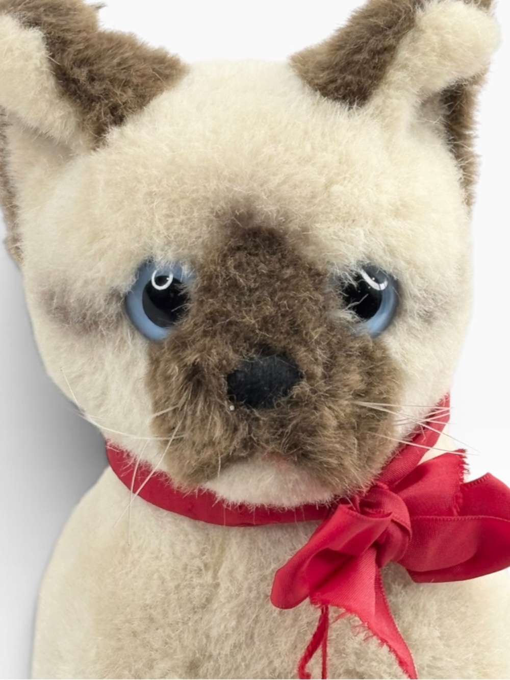 Vintage Steiff Mohair Sitting 10” Tall Cream Brown Siamese Cat Blue Eyes Red Bow - Picture 2 of 12